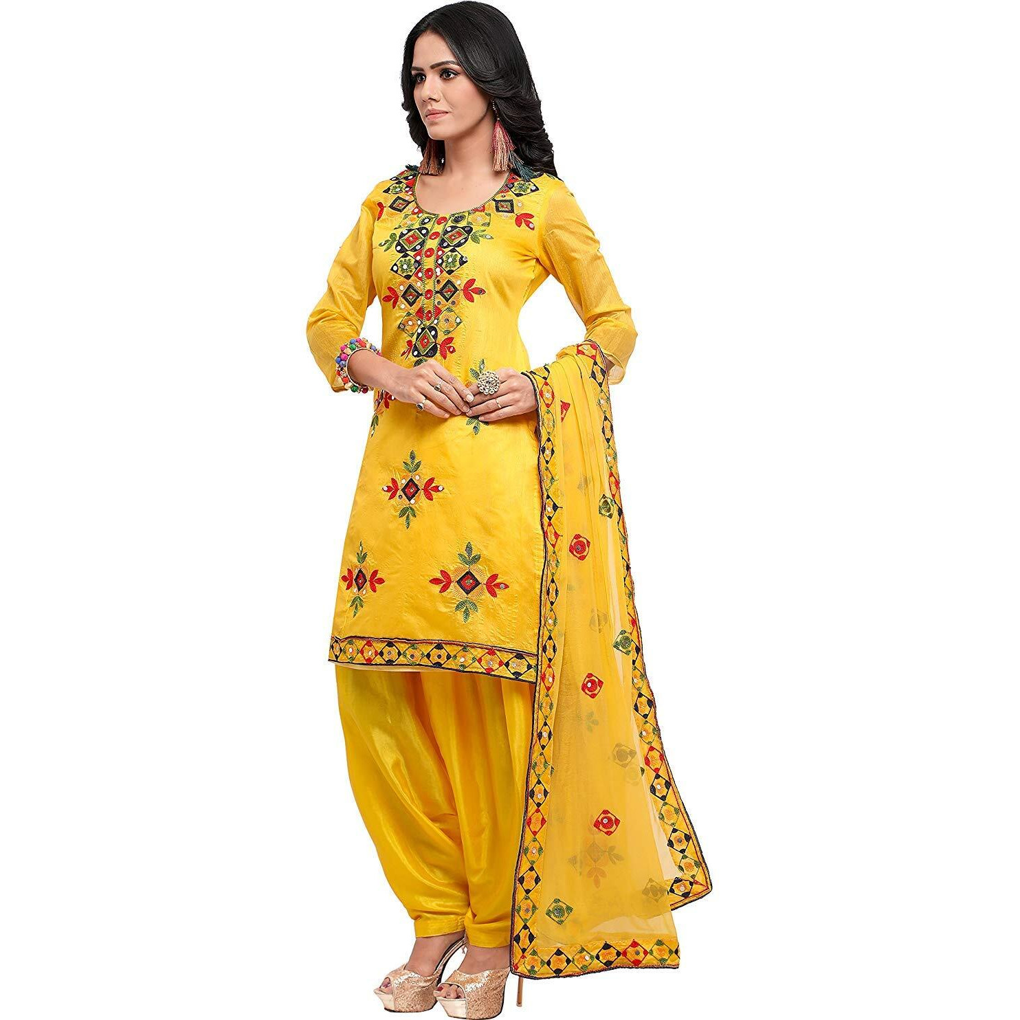 Ethnicjunction Women Chanderi Cotton Un-Stitched Salwar Kameez Dress Material (Ej1180_Yellow_Free Size)