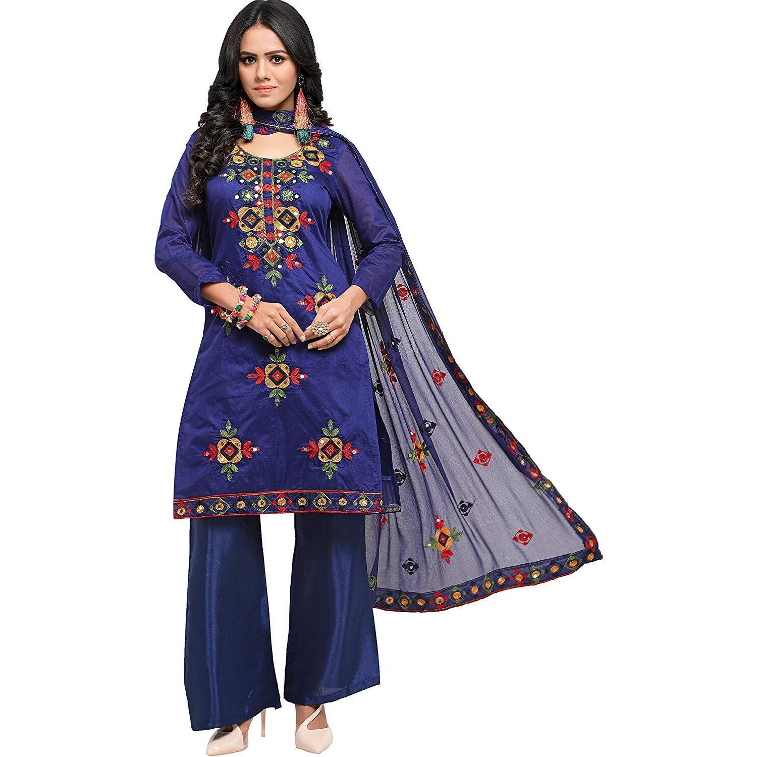 Ethnicjunction Women Chanderi Cotton Un-Stitched Salwar Kameez Dress Material (Ej1180_Blue_Free Size)