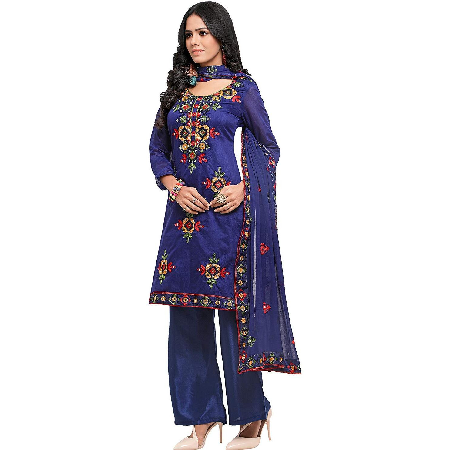 Ethnicjunction Women Chanderi Cotton Un-Stitched Salwar Kameez Dress Material (Ej1180_Blue_Free Size)