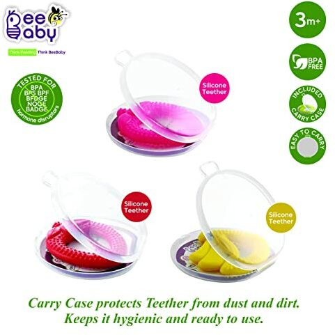 Beebaby Fruit Shape Soft Silicone Teethers Combo Of 3 With Carrying Case. 100% Bpa-Free. 100% Food Grade. (Pink Strawberry, Yellow Banana & Red Strawberry) 3 Months +