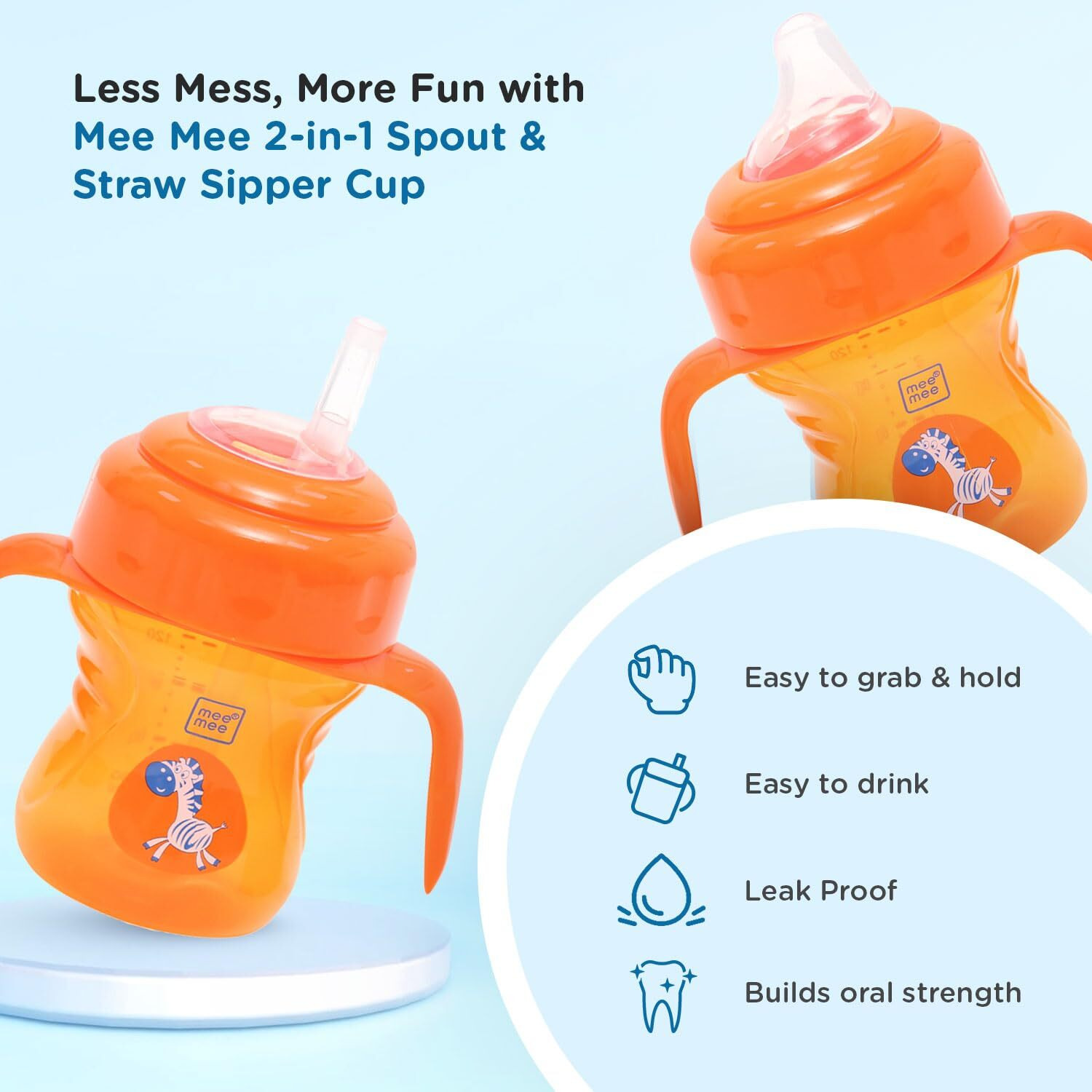 Mee Mee 2 In 1 Convertible Soft Spout & Straw Sipper Cup | Anti Spill, Bpa-Free & Non-Toxic | Easy To Hold Detachable Handle | Unbreakable, Anti Leak Lock Bottle With Cap For Kids | 150 Ml (Orange)