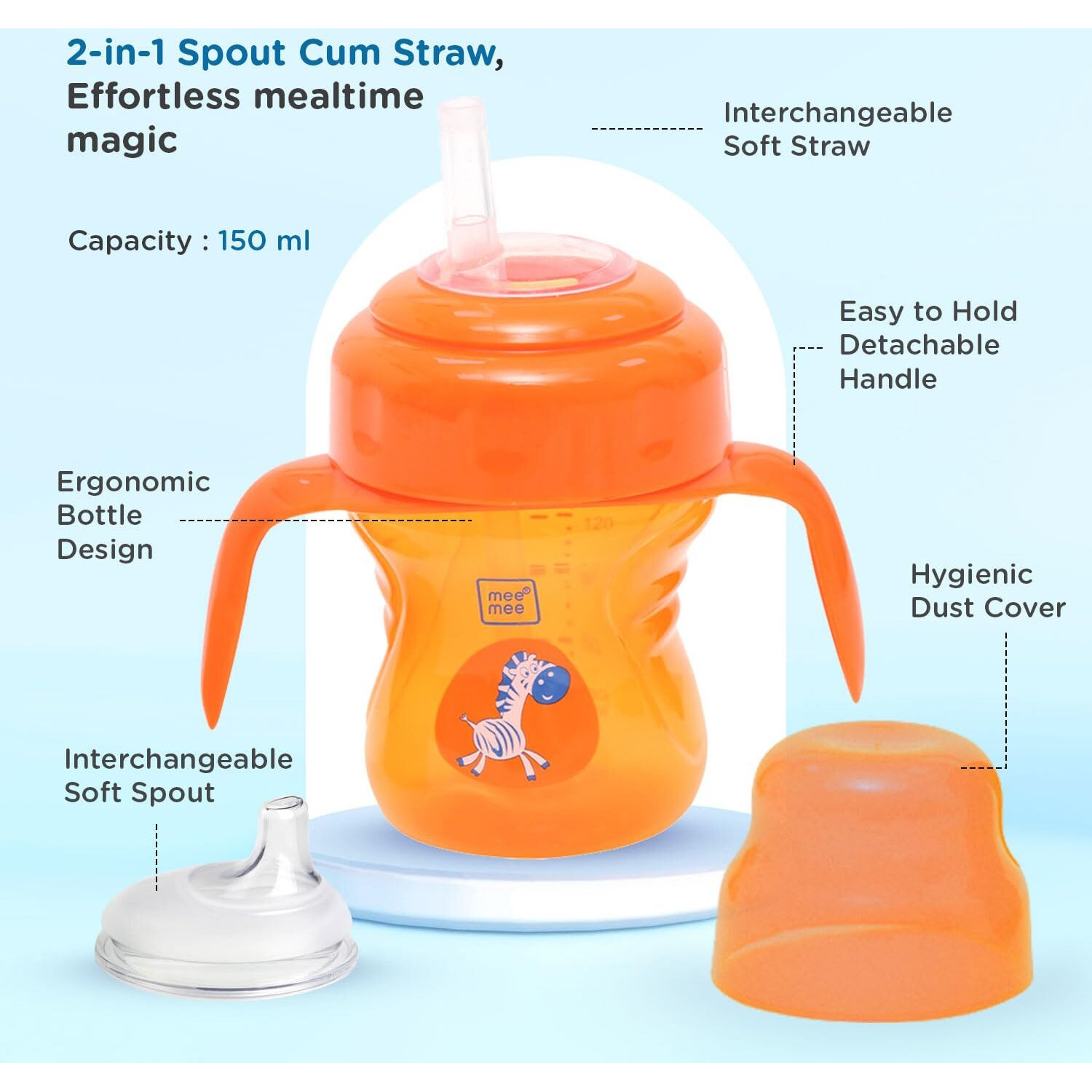Mee Mee 2 In 1 Convertible Soft Spout & Straw Sipper Cup | Anti Spill, Bpa-Free & Non-Toxic | Easy To Hold Detachable Handle | Unbreakable, Anti Leak Lock Bottle With Cap For Kids | 150 Ml (Orange)