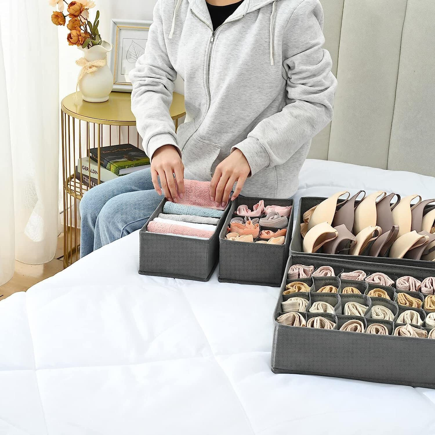 House Of Quirk Set Of 4 Foldable Storage Box Drawer Divider Organizer Closet Storage For Socks Bra Tie Scarfs - Grey