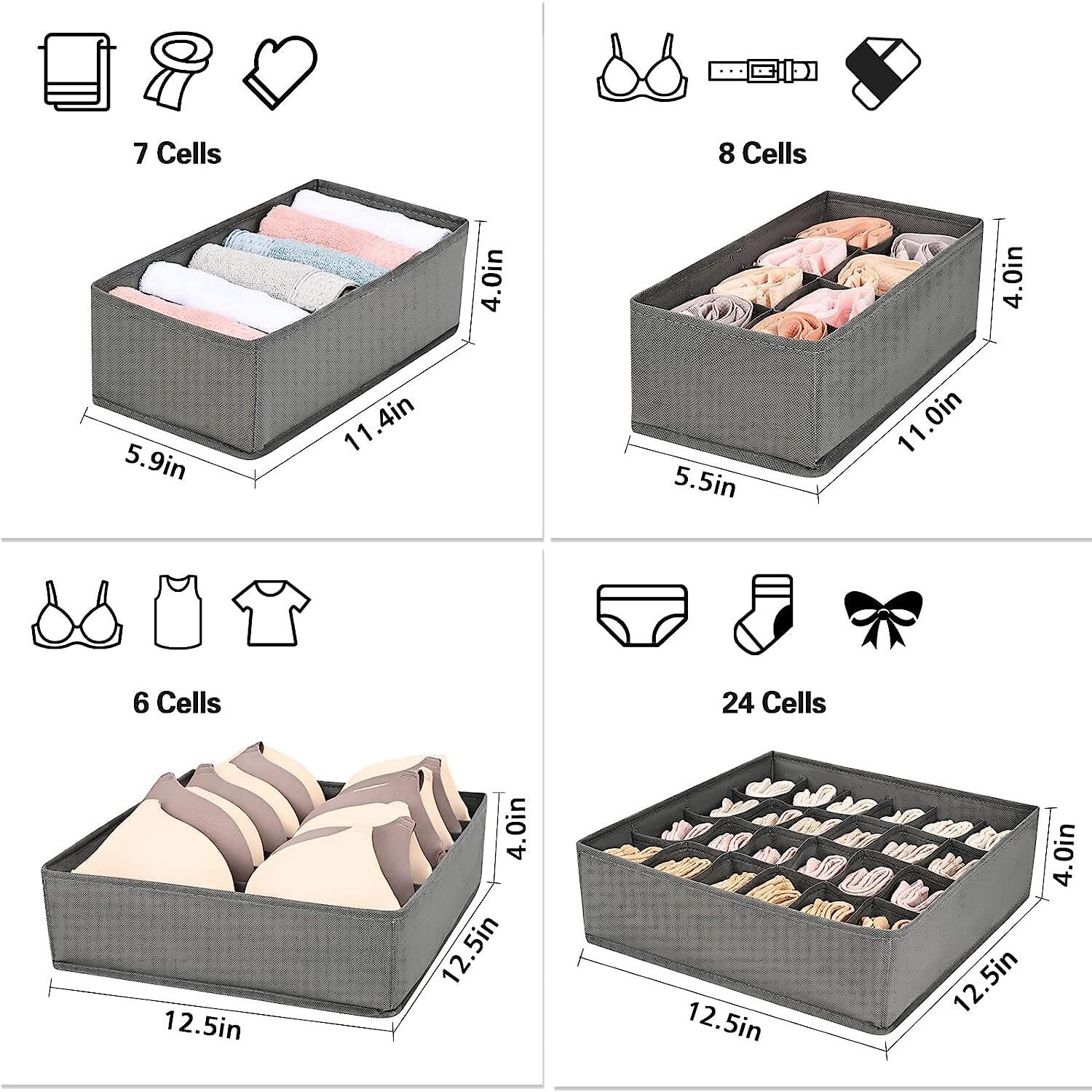 House Of Quirk Set Of 4 Foldable Storage Box Drawer Divider Organizer Closet Storage For Socks Bra Tie Scarfs - Grey