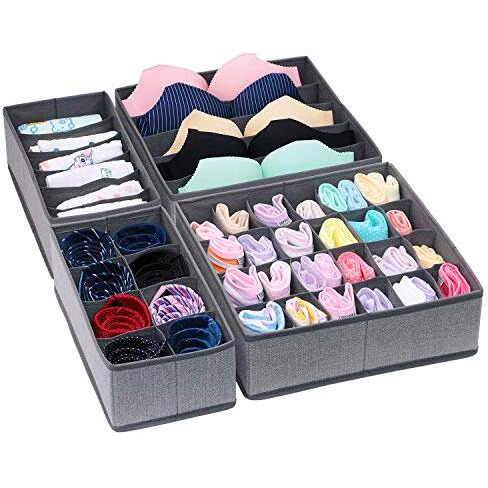House Of Quirk Set Of 4 Foldable Rectangular Storage Box Drawer Divider Organizer Closet Storage For Socks Bra Tie Scarfs (Linen Dark Grey)