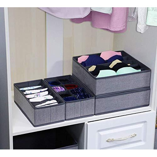 House Of Quirk Set Of 4 Foldable Rectangular Storage Box Drawer Divider Organizer Closet Storage For Socks Bra Tie Scarfs (Linen Dark Grey)