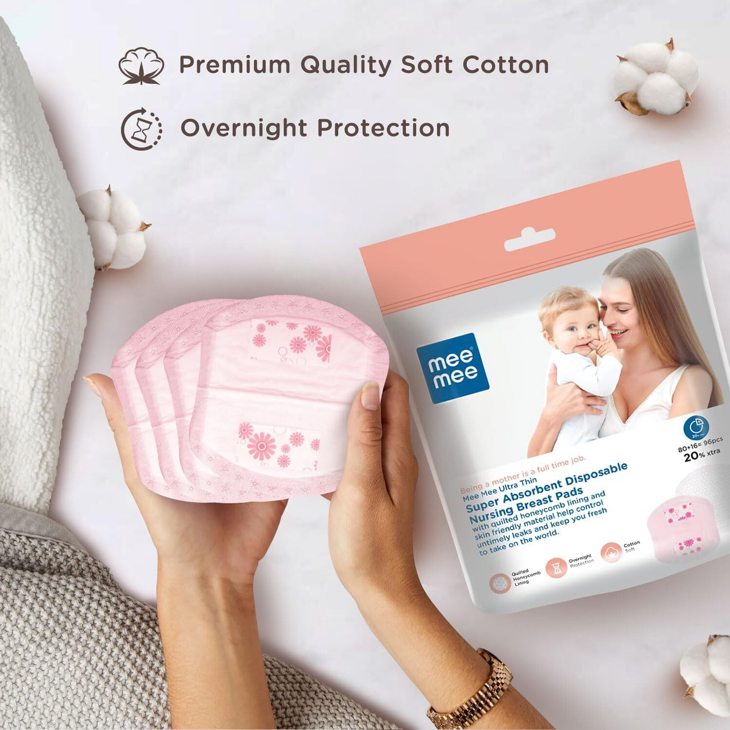 Mee Mee Disposable Nursing Breast Pads 96 Pcs | Ultra Thin Honeycomb Nursing Breast Pads With Leak Guard | Super Absorbent, Soft Cotton Maternity Pads | Compact & Discreet