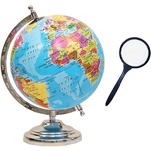 Geokraft Educational Political Metal Base Stem Globe With Magnifying Glass For Kids (8 Inch, Blue)