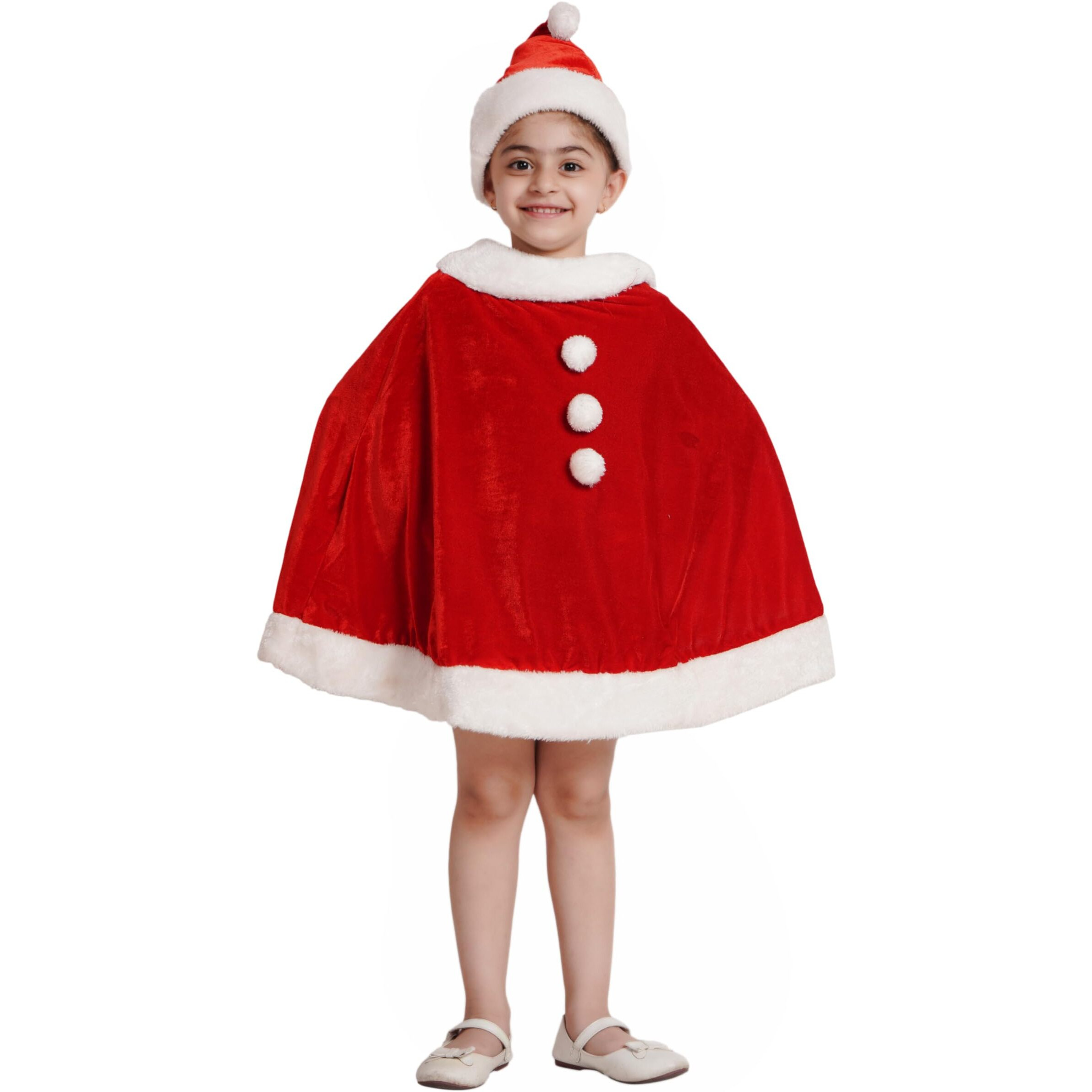 Kaku Fancy Dresses Santa Cloak,Robe,Hood With Hat, Cap For Christmas Day In Velvet Fabric - Red & White 5-6 Years, For Boy & Girls
