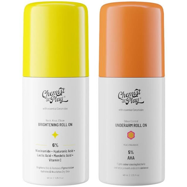 Chemist At Play Neck, Knee & Elbow Brightening Roll On 6% Vitamin C+ Hyaluronic Acid + Aha + Niacinamide + Ceramides | Under-Arm Roll-On, 5% Lactic Acid & 1% Mandelic Acid, Peach Fragrance | 40 + 40Ml