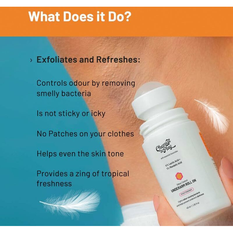 Chemist At Play Neck, Knee & Elbow Brightening Roll On 6% Vitamin C+ Hyaluronic Acid + Aha + Niacinamide + Ceramides | Under-Arm Roll-On, 5% Lactic Acid & 1% Mandelic Acid, Peach Fragrance | 40 + 40Ml