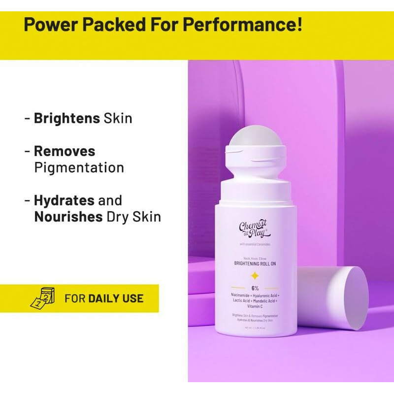 Chemist At Play Neck, Knee & Elbow Brightening Roll On 6% Vitamin C+ Hyaluronic Acid + Aha + Niacinamide + Ceramides | Under-Arm Roll-On, 5% Lactic Acid & 1% Mandelic Acid, Peach Fragrance | 40 + 40Ml