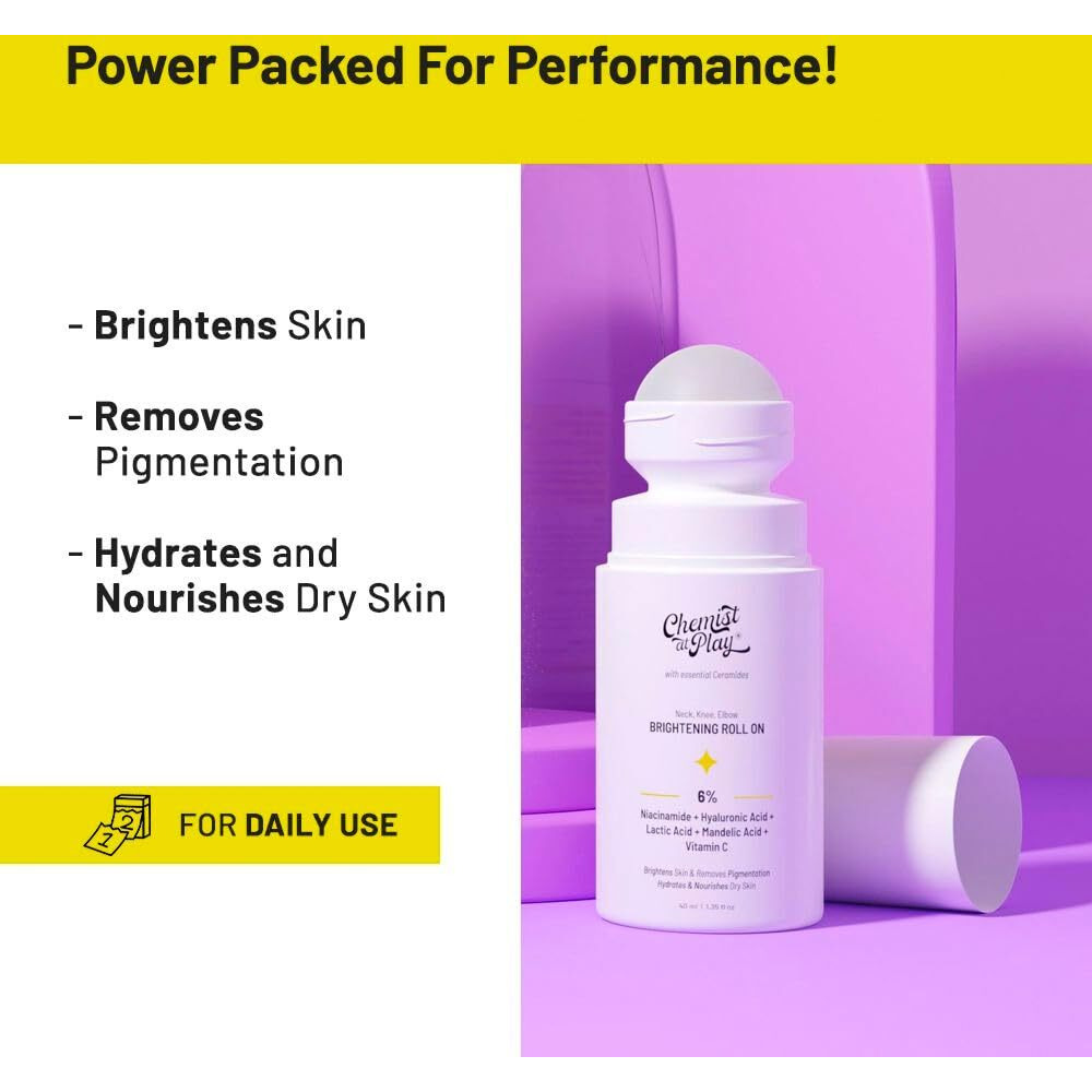 Chemist At Play Neck, Knee & Elbow Brightening Roll On 6% Vitamin C+ Hyaluronic Acid + Ahas + Niacinamide + Ceramides | Under-Arm Roll-On, 5% Lactic Acid & 1% Mandelic Acid, Fragrance Free |40Ml Each