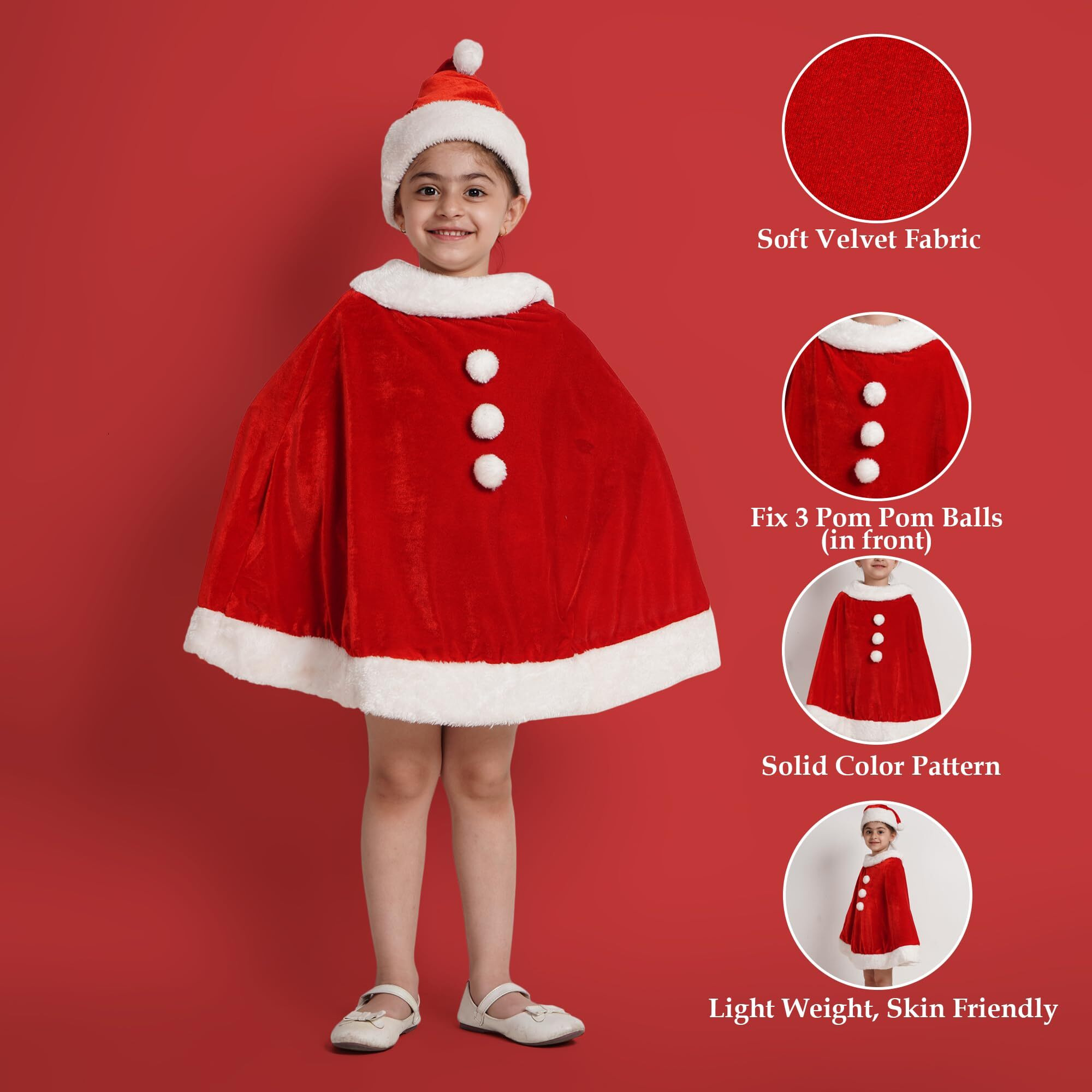 Kaku Fancy Dresses Santa Cloak,Robe,Hood With Hat, Cap For Christmas Day In Velvet Fabric - Red & White 3-4 Years, For Boy & Girls