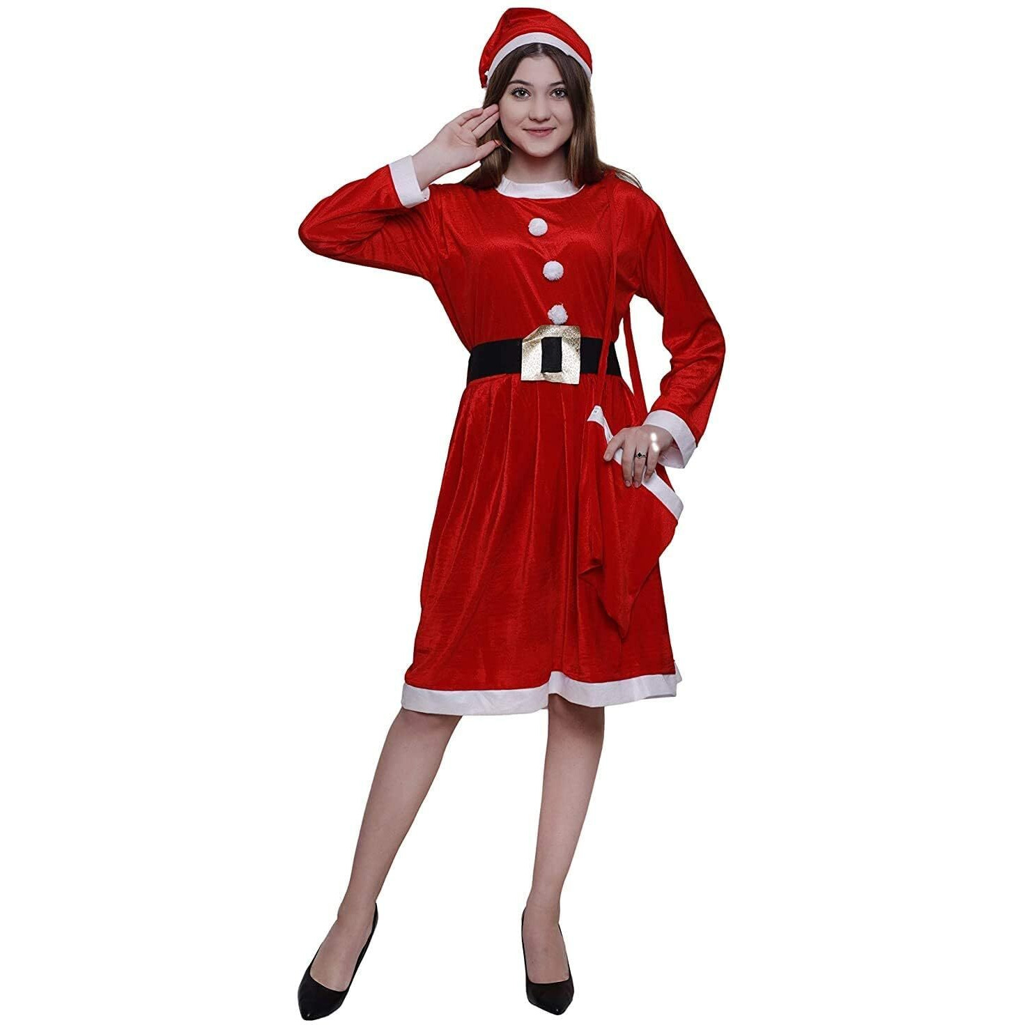 Kaku Fancy Dresses Santa Clause Fancy Dress Costume In Velvet Fabric For Girls With Cap, Belt And Bag - Red-White, 14-17 Years