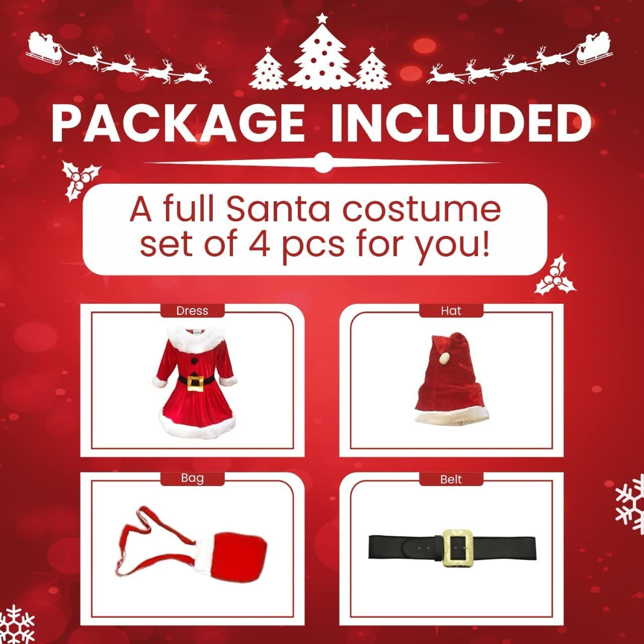 Kaku Fancy Dresses Santa Clause Fancy Dress Costume In Velvet Fabric For Girls With Cap, Belt And Bag - Red-White, 14-17 Years