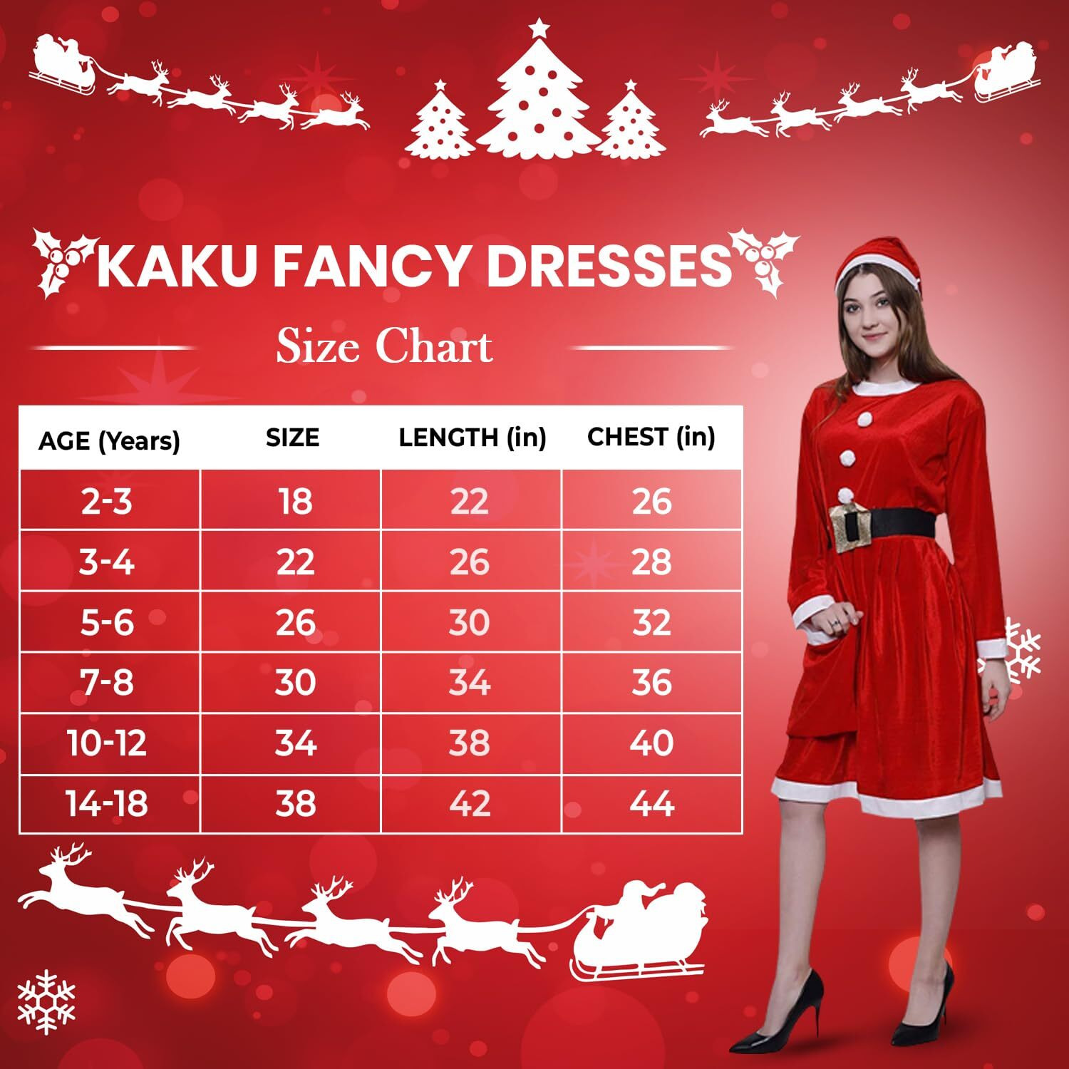 Kaku Fancy Dresses Santa Clause Fancy Dress Costume In Velvet Fabric For Girls With Cap, Belt And Bag - Red-White, 14-17 Years