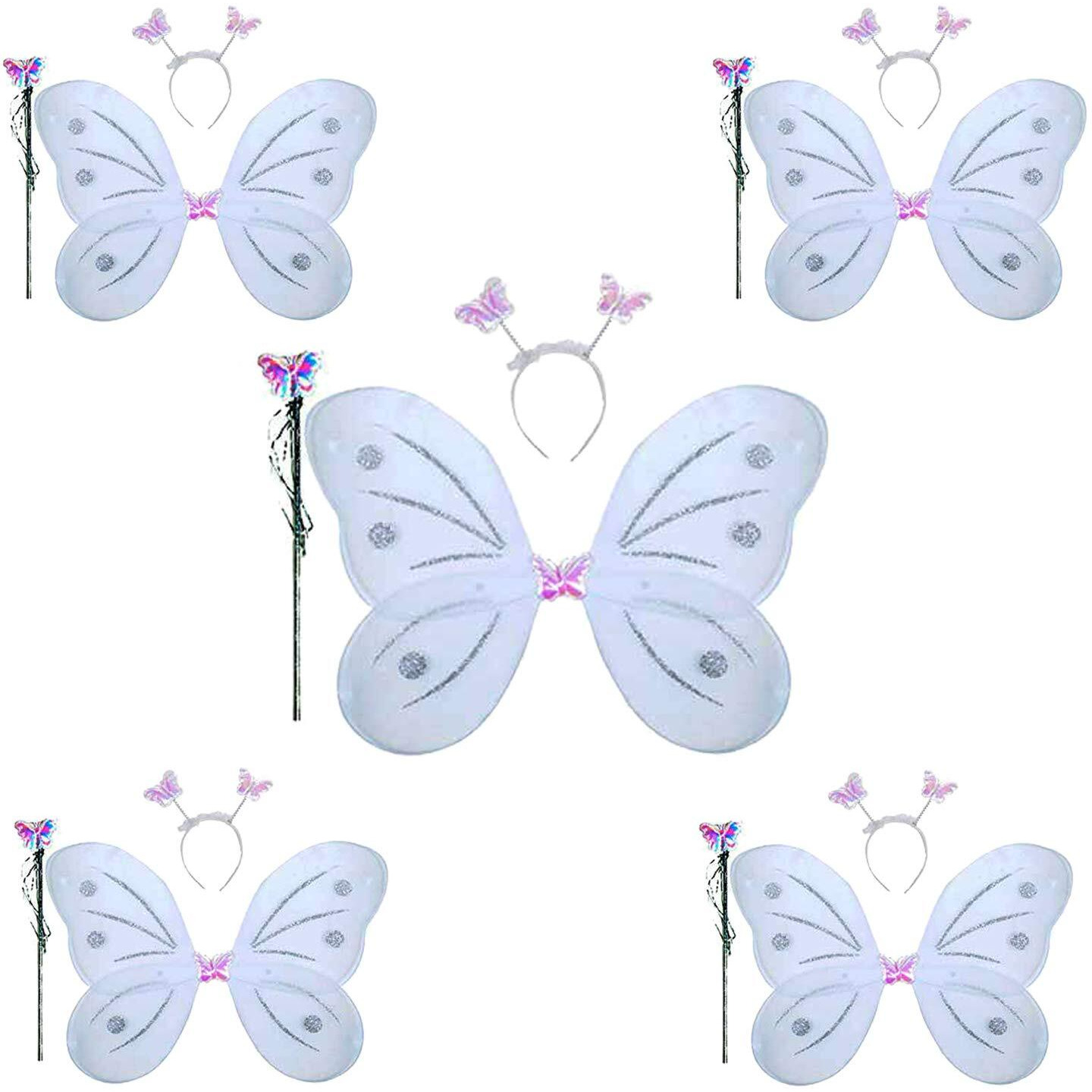 Kaku Fancy Dresses Polyester White Butterfly Wings With Hairband And Wand Stick For Girls - Pack Of 5