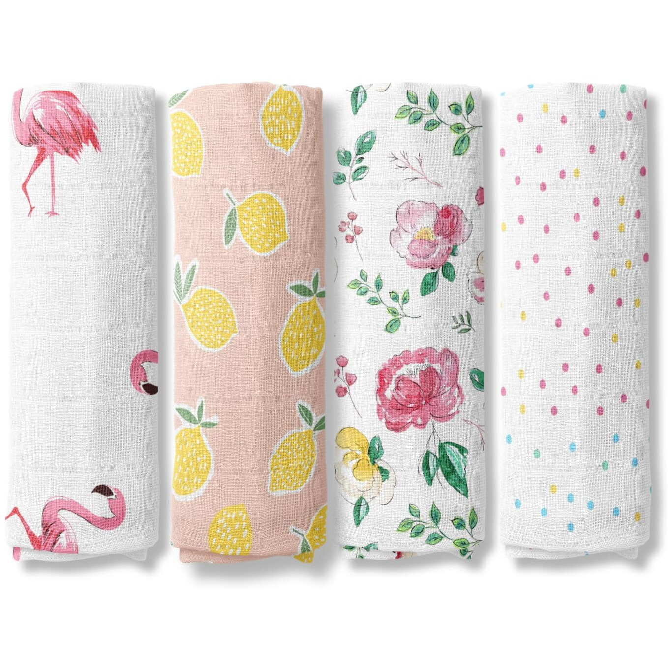 Haus And Kinder Muslin Swaddle Wrap For Baby - Pack Of 4 | 100% Cotton Muslin Cloth For Baby | Soft Muslin Swaddles Wrap For Newborn Baby | Baby Swaddle Wrap For New Born (Flamingo, Lemon, Happy)