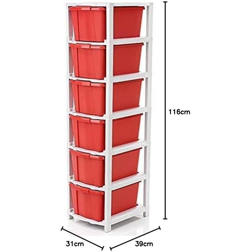 Avzeego 6 Xl Plastic Modular Drawer System For Home, Office, Hospital, Parlor, School, Doctors, Home And Kids, Product Dimension When Assembeled (31Cmx39Cmx116Cm) (6Xl)(Red)