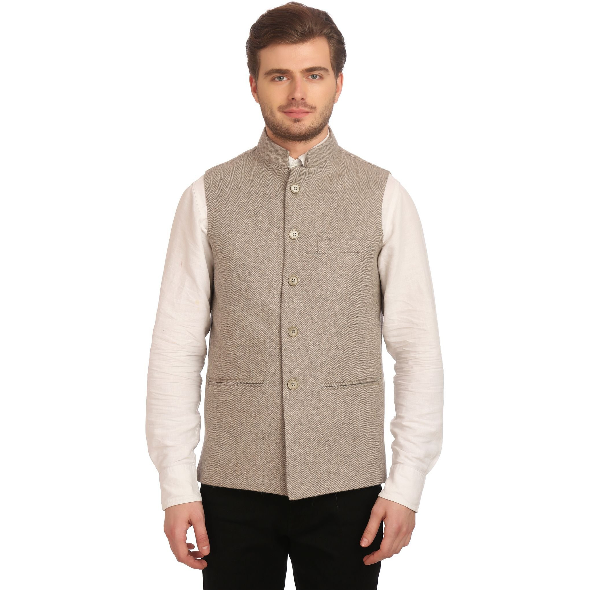 Wintage Men's Tweed Bandhgala Festive Nehru Jacket Waistcoat Beige