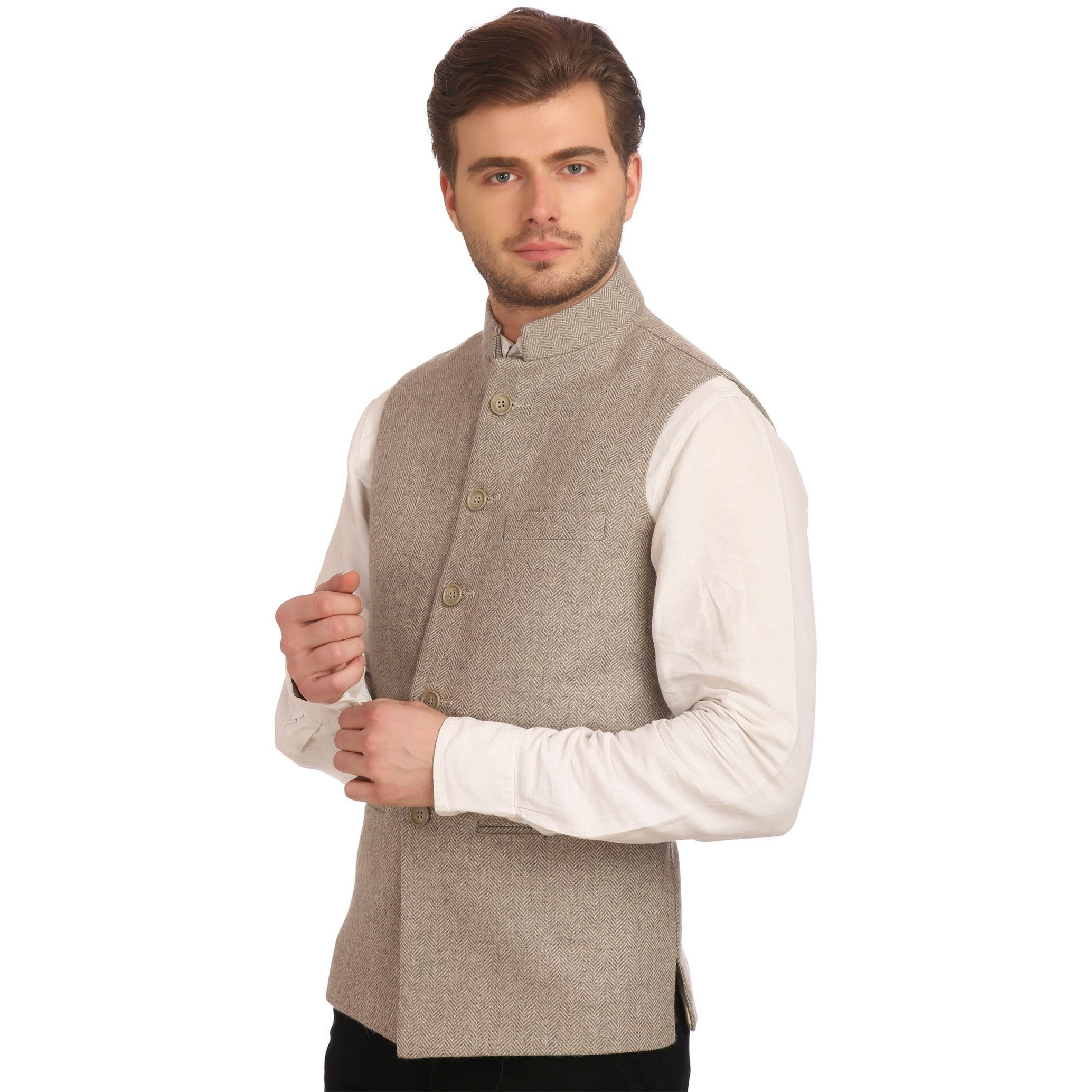 Wintage Men's Tweed Bandhgala Festive Nehru Jacket Waistcoat Beige