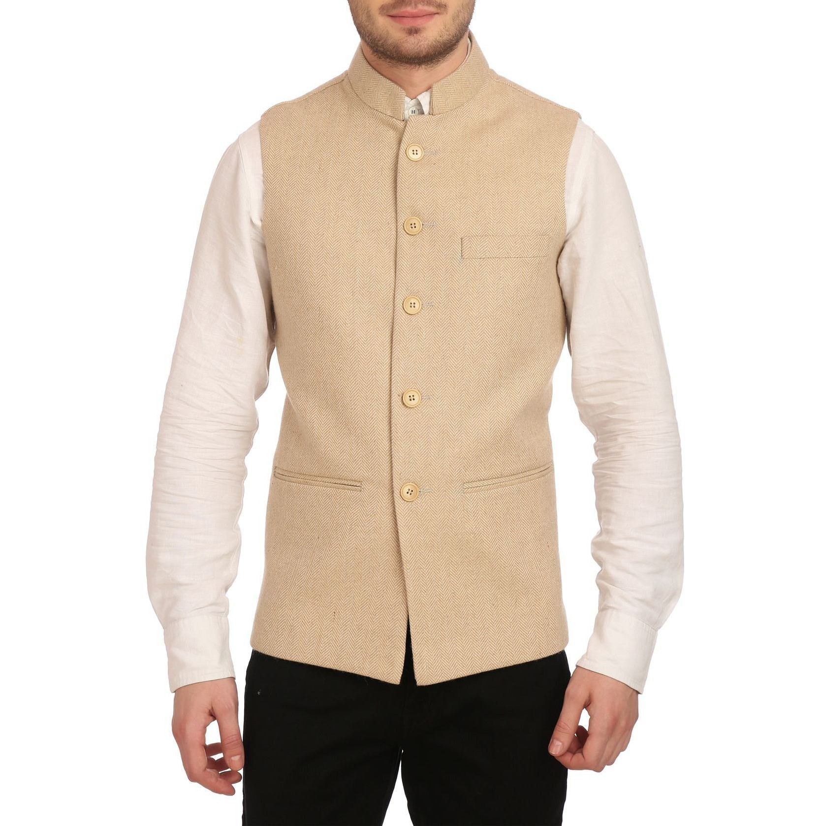 Wintage Men's Tweed Bandhgala Festive Nehru Jacket Waistcoat Beige