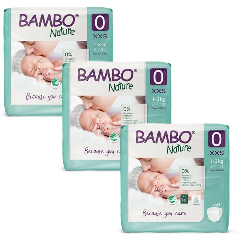 Bambo Nature Premium Baby Tape Diapers For Premature Baby Xxs Size (1-3 Kgs) - Super Absorbent, Breathable, Extra Soft, Dermatologically Tested, Hypoallergenic Nappies With Wetness Indicator, 72 Count