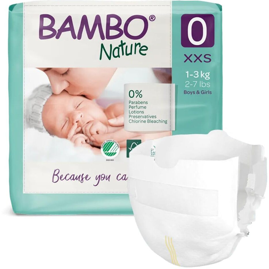 Bambo Nature Premium Baby Tape Diapers For Premature Baby Xxs Size (1-3 Kgs) - Super Absorbent, Breathable, Extra Soft, Dermatologically Tested, Hypoallergenic Nappies With Wetness Indicator, 72 Count