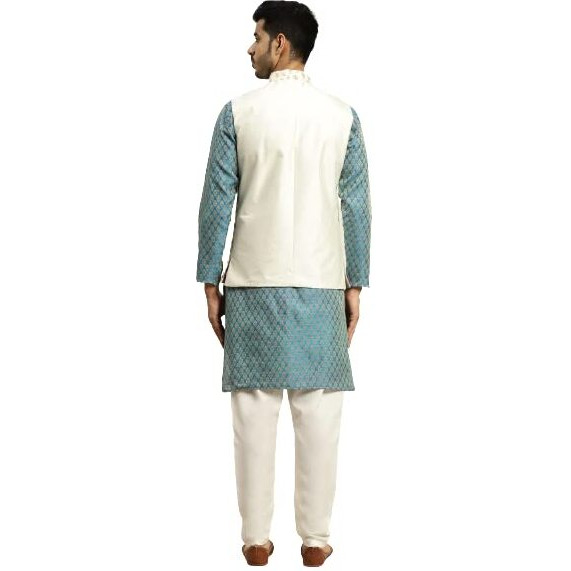 Sojanya (Since 1958 Men's Silk Blend Peacock Blue Self Design Kurta & Cream Nehrujacket With Off-White Churidar Pyjama, Size 44