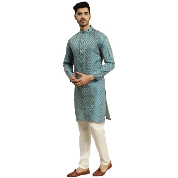 Sojanya (Since 1958 Men's Silk Blend Peacock Blue Self Design Kurta & Cream Nehrujacket With Off-White Churidar Pyjama, Size 44