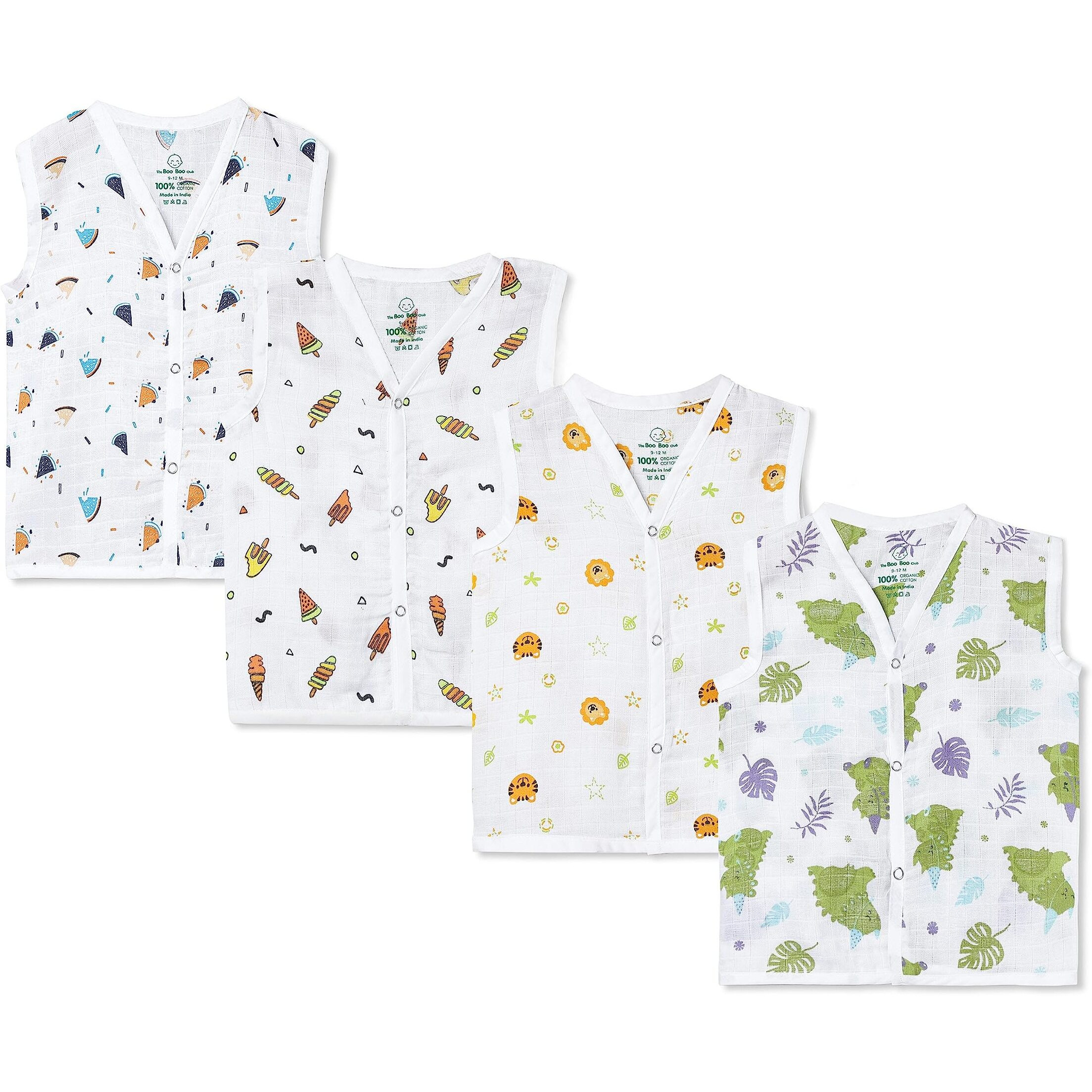 The Boo Boo Club Organic Cotton Baby Jhabla | Pack Of 4 Newborn Sleeveless Jabla | 3 To 6 Months Infant Summer Wear | Soft & Breathable Muslin Fabric | Easy Button Closure Vest