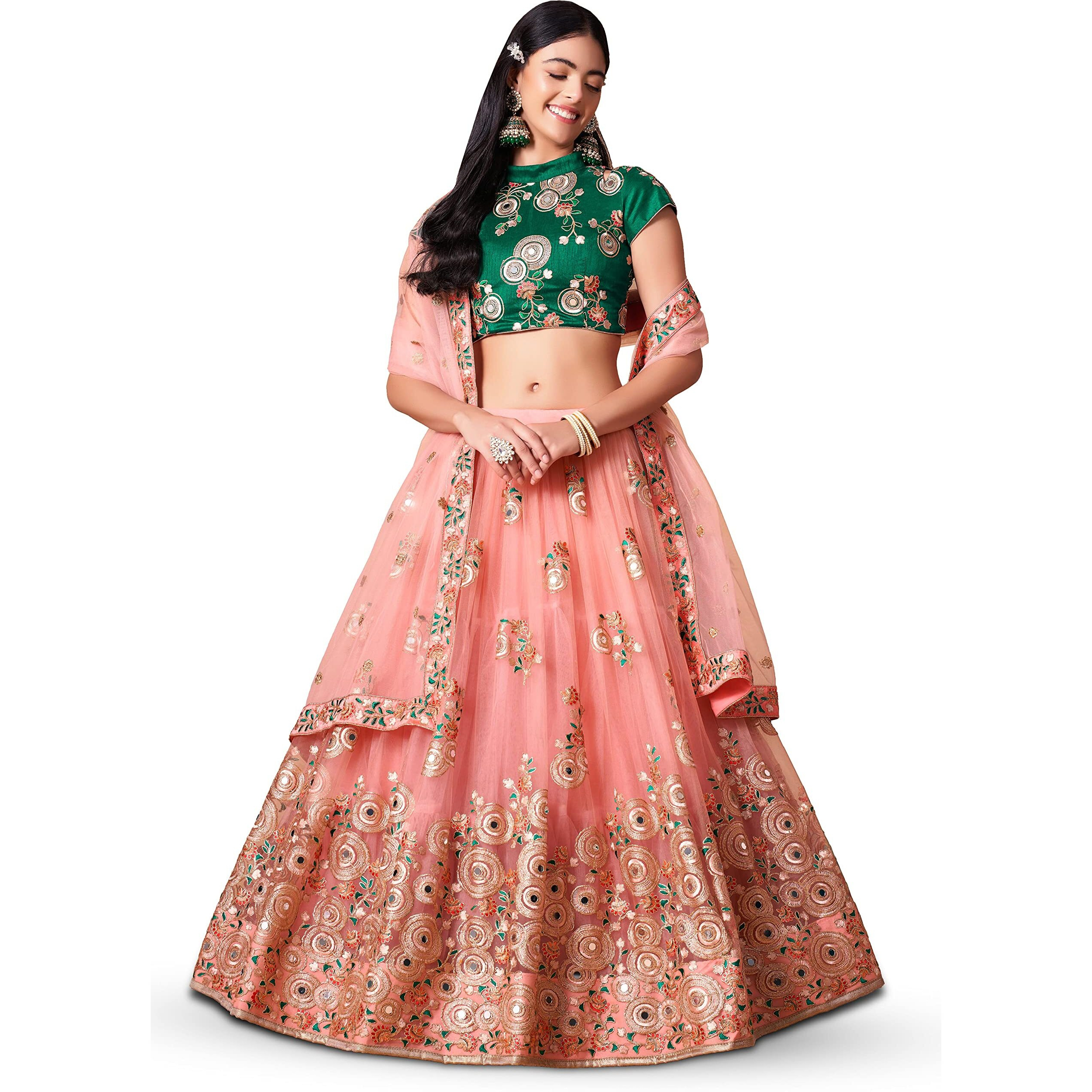 Zeel Clothing Women's Net Embroidered Semi-Stitched Bridal New Lehenga Choli With Dupatta (7315-Peach-Green-Wedding-Latest-Lehenga Free Size) (Pink)