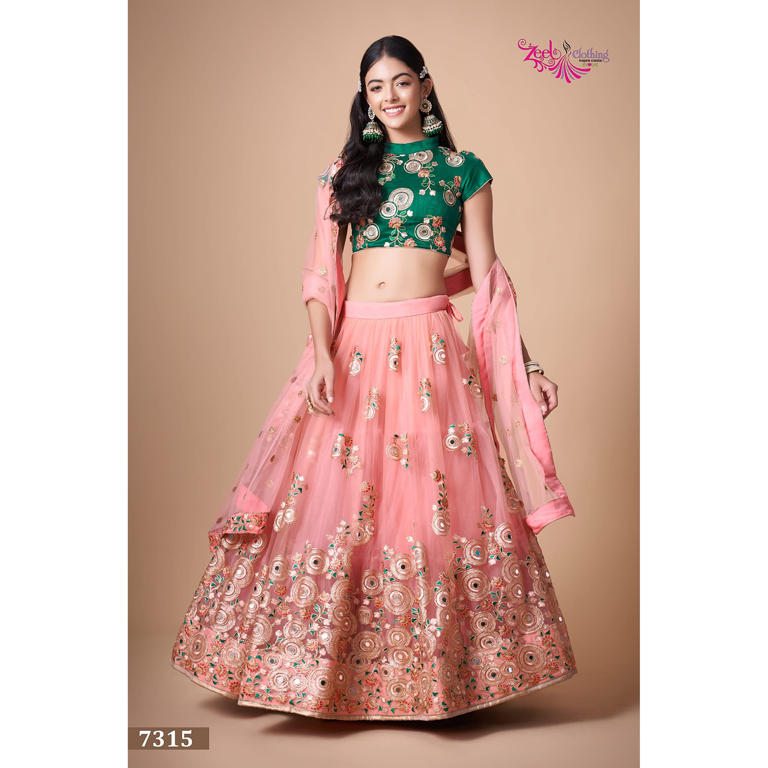 Zeel Clothing Women's Net Embroidered Semi-Stitched Bridal New Lehenga Choli With Dupatta (7315-Peach-Green-Wedding-Latest-Lehenga Free Size) (Pink)
