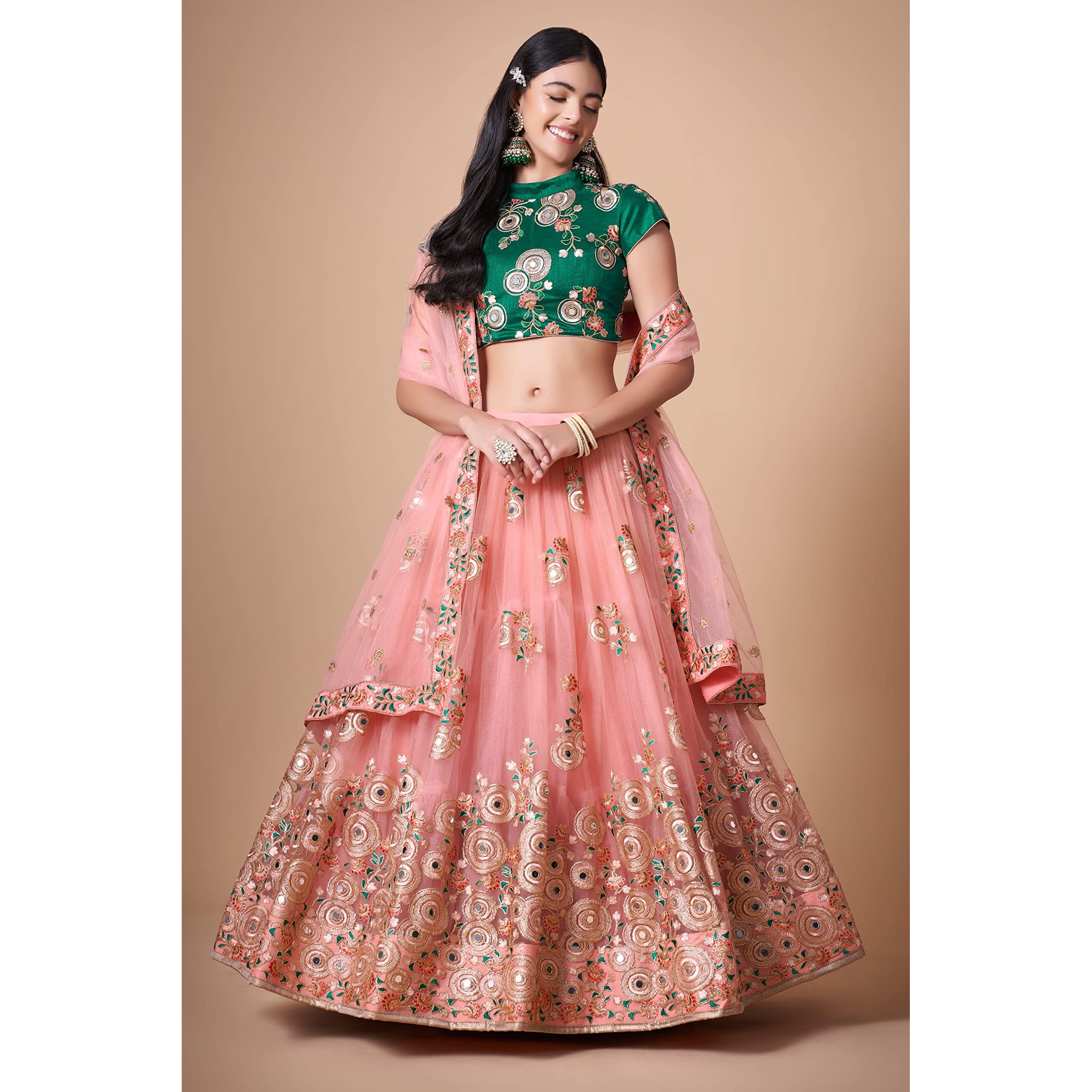 Zeel Clothing Women's Net Embroidered Semi-Stitched Bridal New Lehenga Choli With Dupatta (7315-Peach-Green-Wedding-Latest-Lehenga Free Size) (Pink)