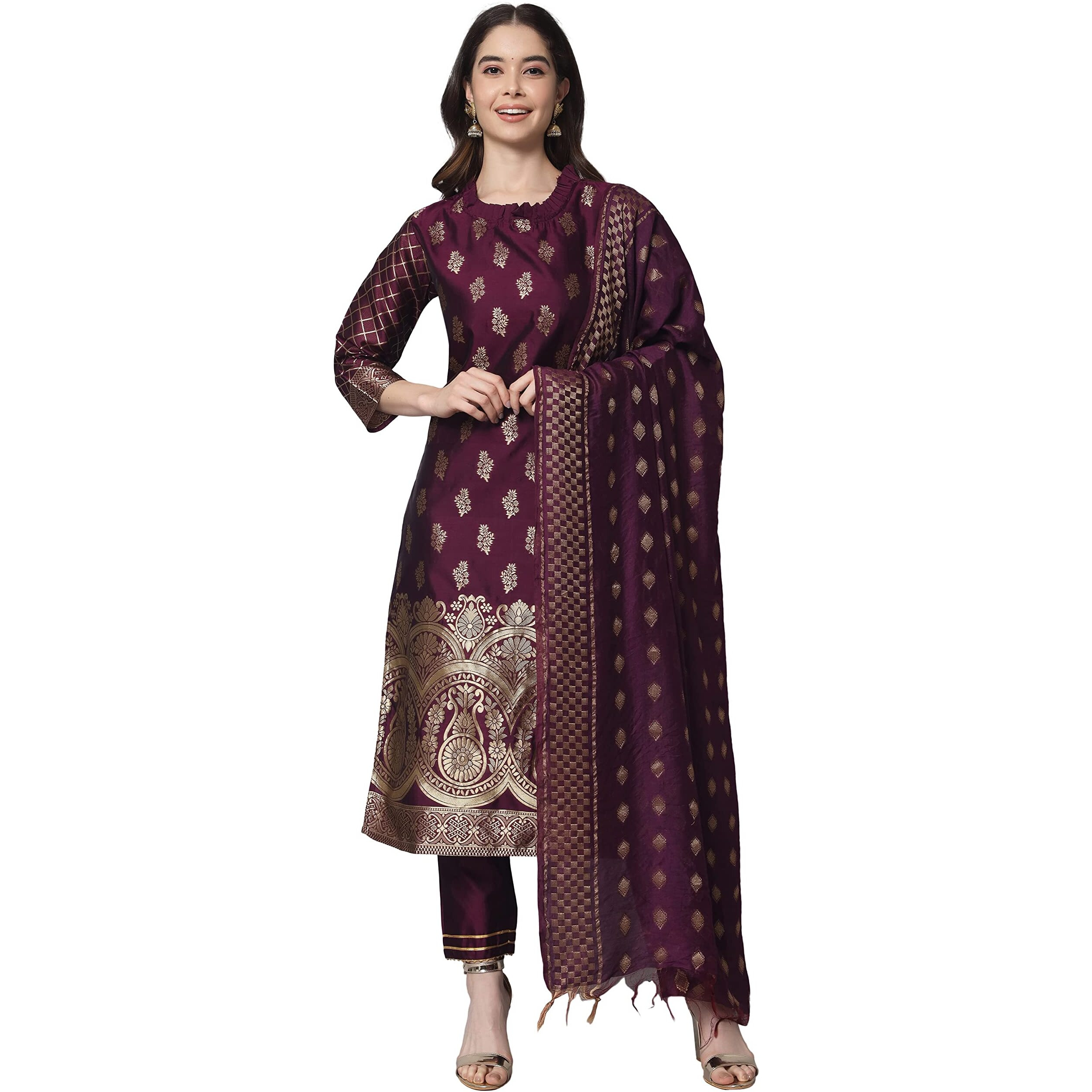 Vredevogel Women's Cotton Silk Jacquard Kurta Pant With Banarasi Silk Dupatta Set (Purple-Xxx-Large)