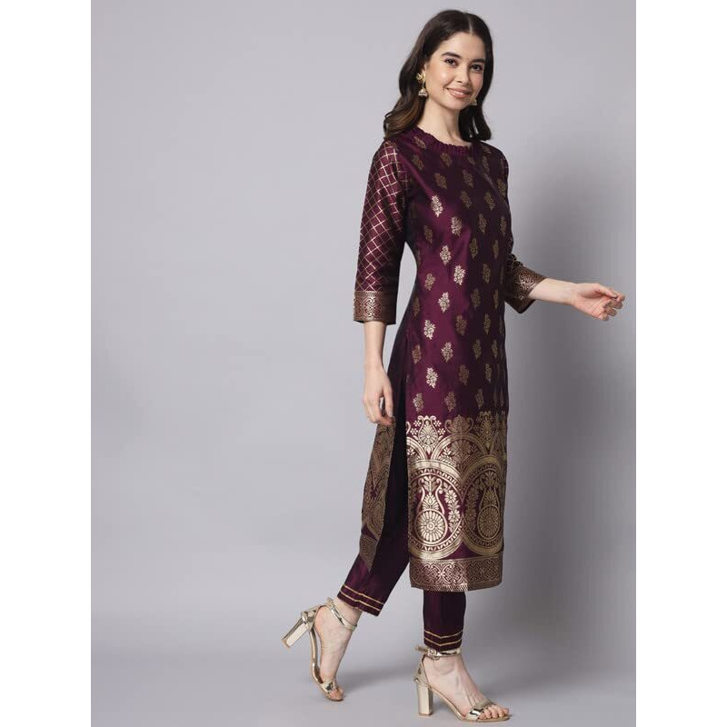 Vredevogel Women's Cotton Silk Jacquard Kurta Pant With Banarasi Silk Dupatta Set (Purple-Xxx-Large)