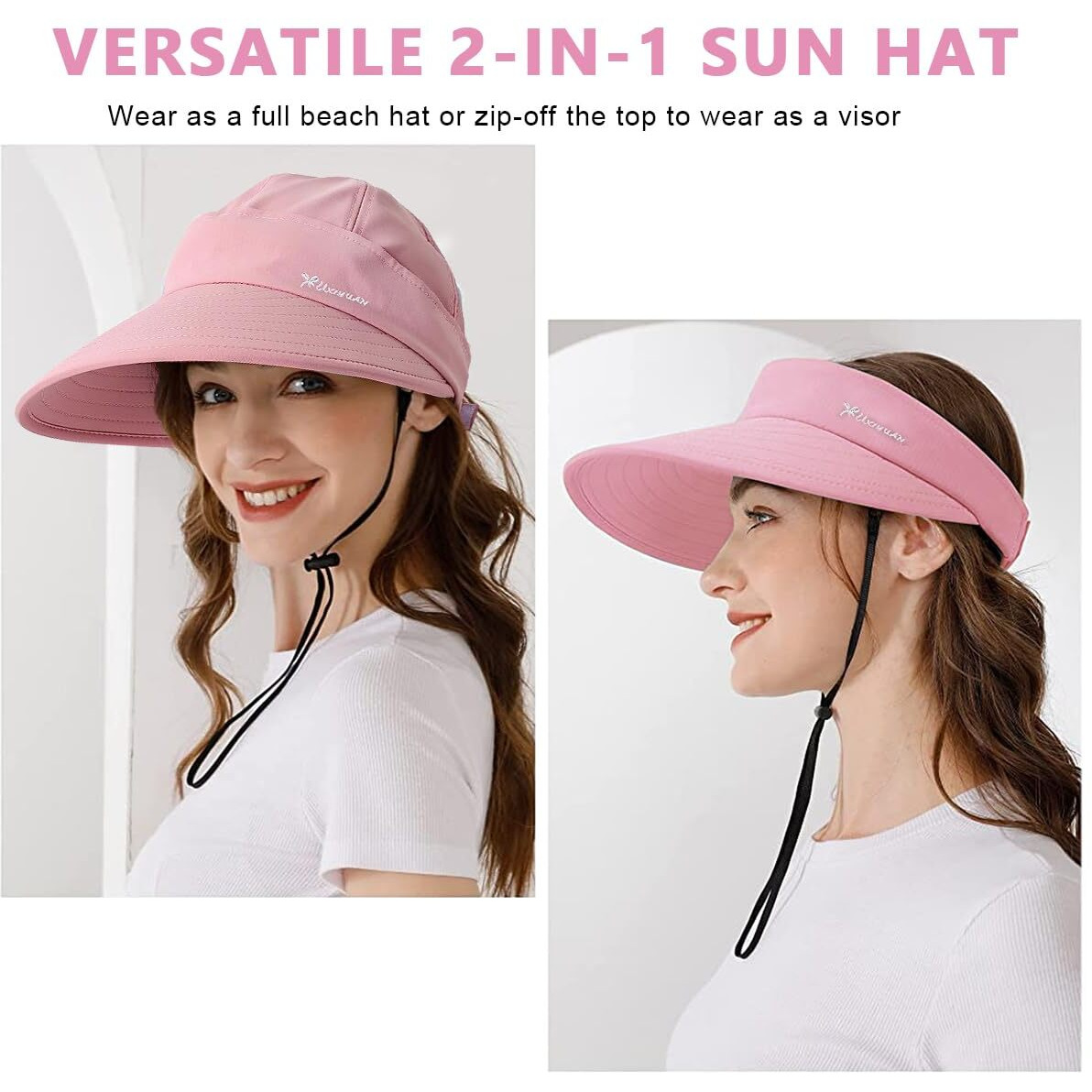 Palay Polyester 2 In 1 Wide Brim Hat For Women Sport Cap For Women Wide Brim Cap Uv Protection Summer Cap With Detachable Cap Relaxed Fit Top Hat, Pink, Free Size