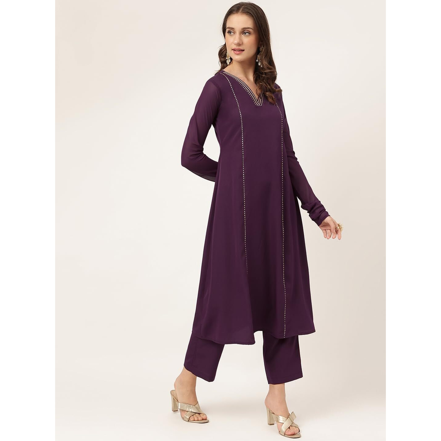 Fiorra Women's Purple Poly Crepe Flared Kurta With Dupatta And Pant Set0082-S