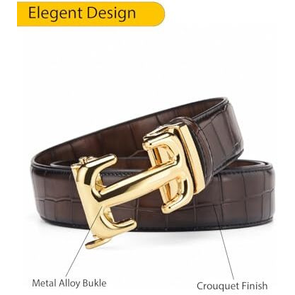Contacts Genuine Leather Belt For Men With Autolock Buckle - Micro Adjustable Belt Fit Everywhere | Formal & Casual | Elegant Gift Box (Gold)