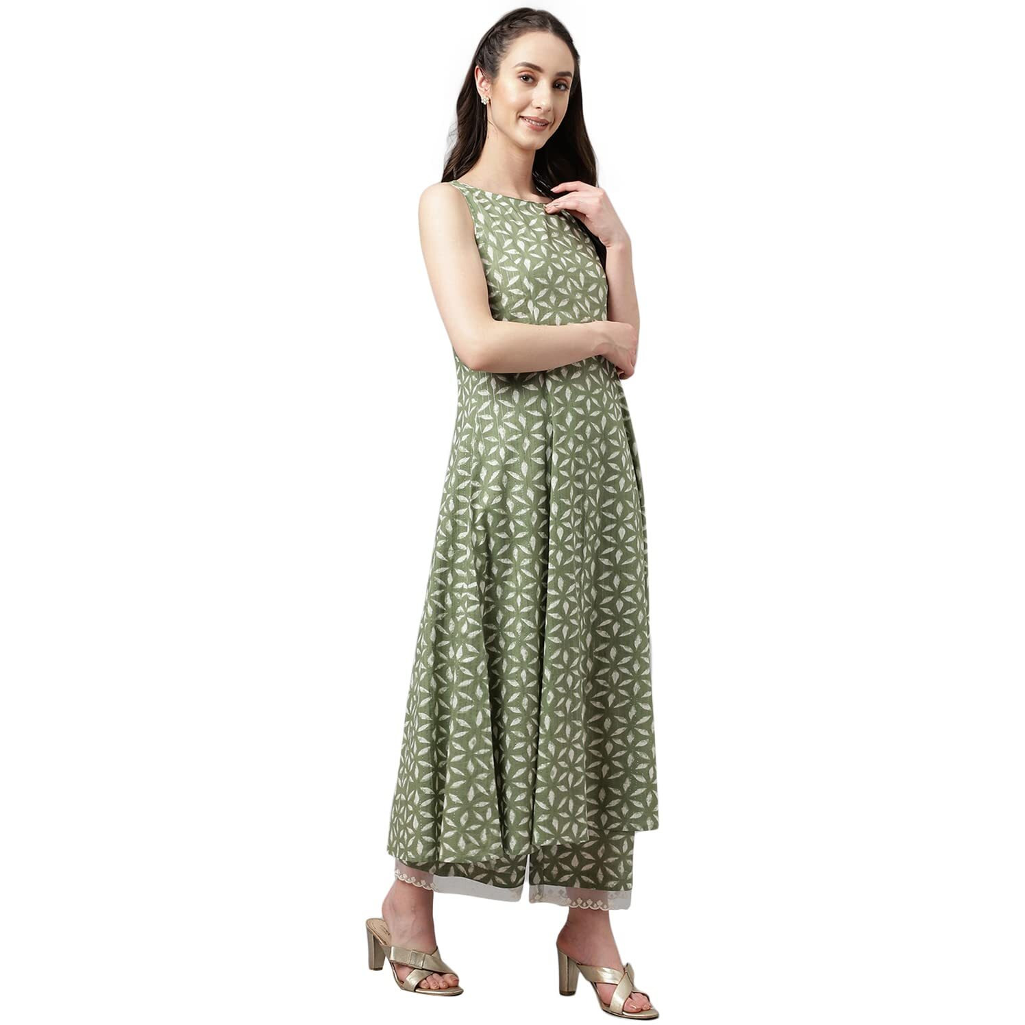 Fiorra Women's Ferm Green Lurex Cotton Flared Kurta With Palazzo And Dupatta