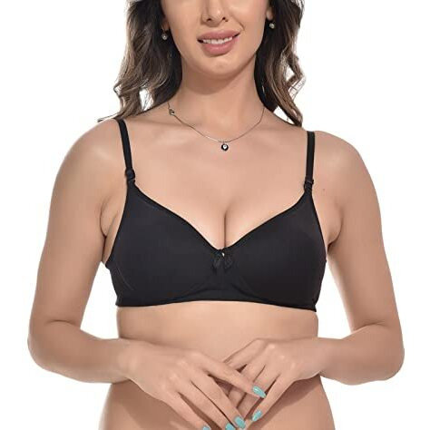 Fims - Fashion Is My Style Women Cotton Blend Solid Padded Non-Wired Full Coverage Seamless Bra Black Blue Navy Pack Of 3 Cup- B Size- 38