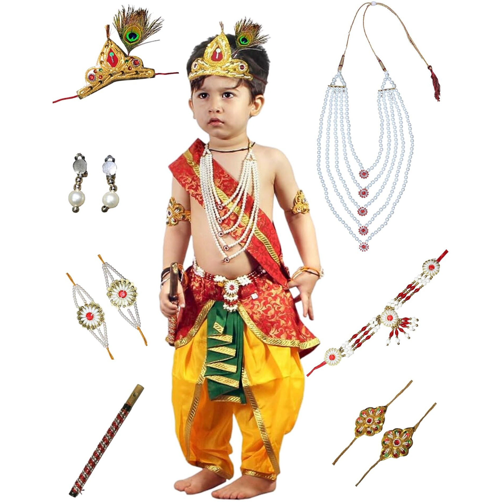 Kaku Fancy Dresses Silk,Polyester Krishna Costume For Kids Infant Baby Krishna Dress For Boys (Set Of 11 - Red Dhoti,Patka(Stole),Belt,Mukut,Layer Pearl Mala,Moti Bajuband,Earrings,Bansuri&Morpankh)
