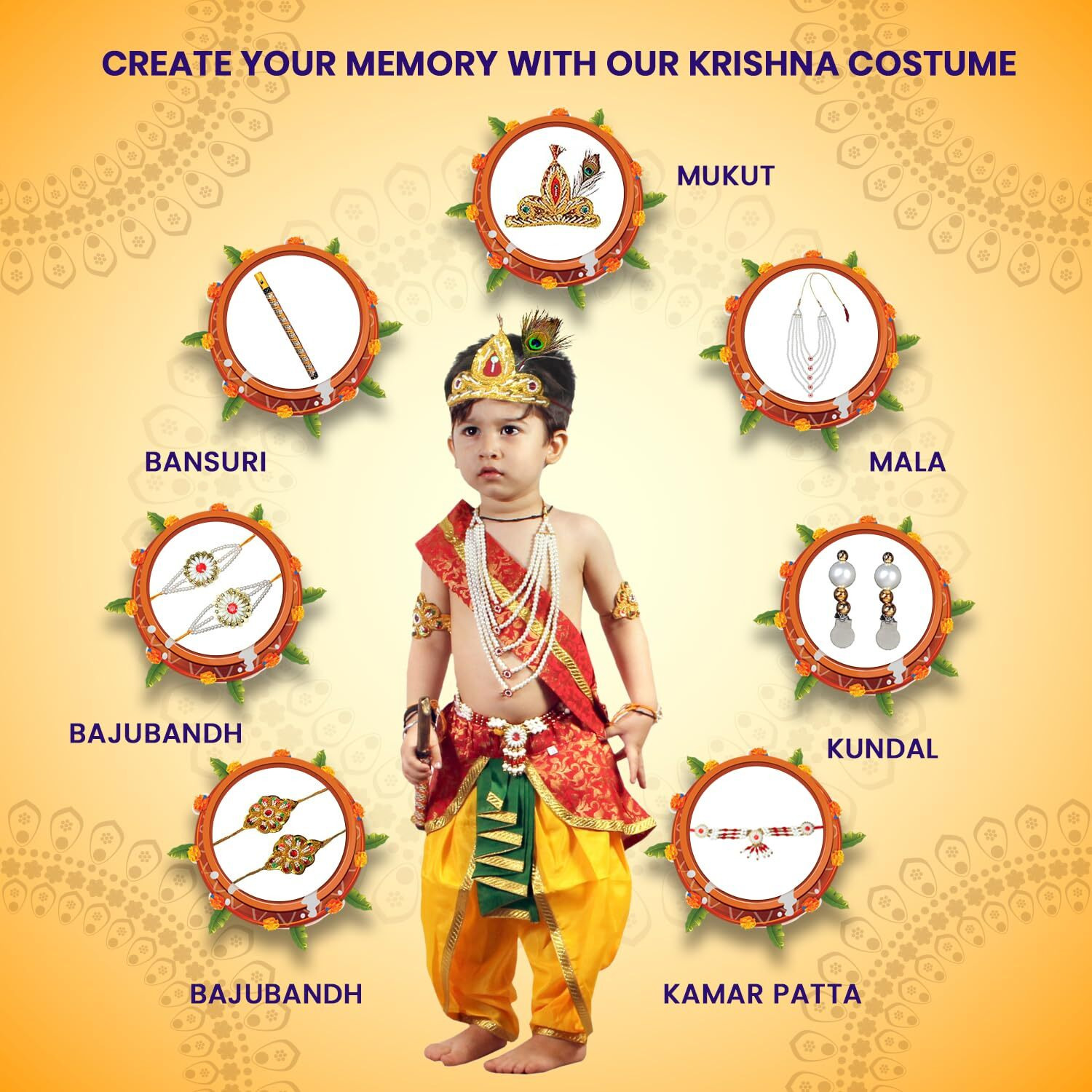 Kaku Fancy Dresses Silk,Polyester Krishna Costume For Kids Infant Baby Krishna Dress For Boys (Set Of 11 - Red Dhoti,Patka(Stole),Belt,Mukut,Layer Pearl Mala,Moti Bajuband,Earrings,Bansuri&Morpankh)