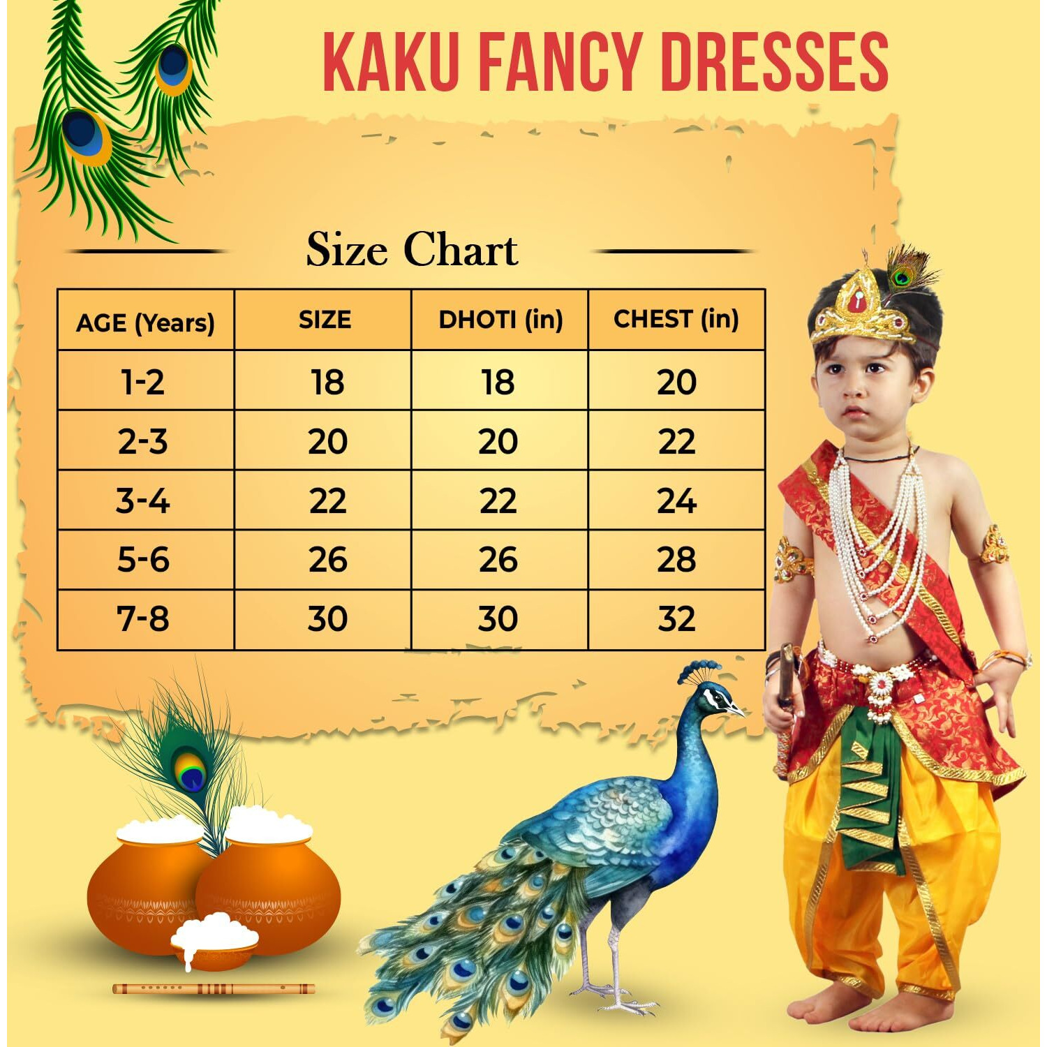 Kaku Fancy Dresses Silk,Polyester Krishna Costume For Kids Infant Baby Krishna Dress For Boys (Set Of 11 - Red Dhoti,Patka(Stole),Belt,Mukut,Layer Pearl Mala,Moti Bajuband,Earrings,Bansuri&Morpankh)