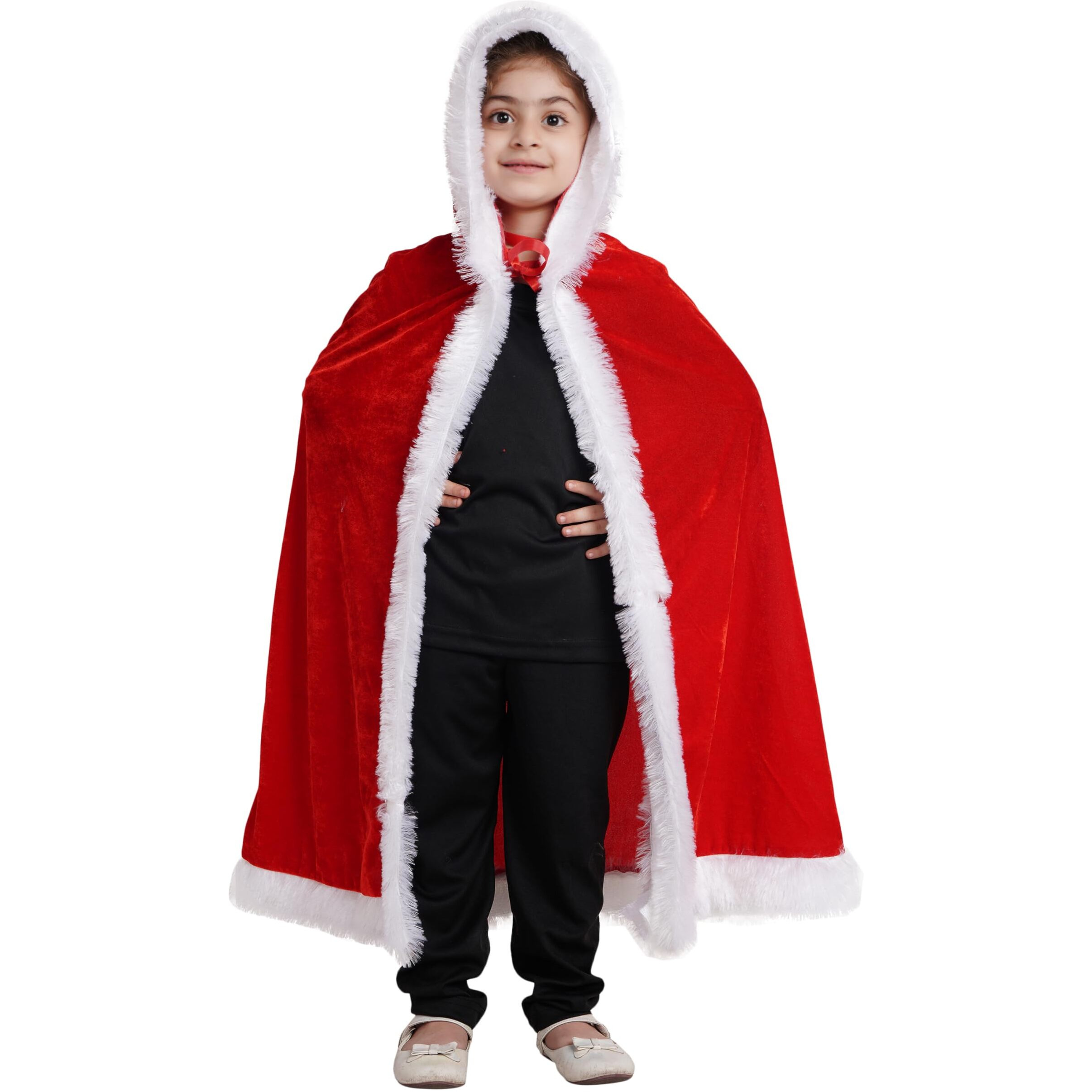 Kaku Fancy Dresses Santa Cape, Robe, Hood For Christmas Day In Velvet Fabric - Red & White 5-6 Years, For Boy & Girls