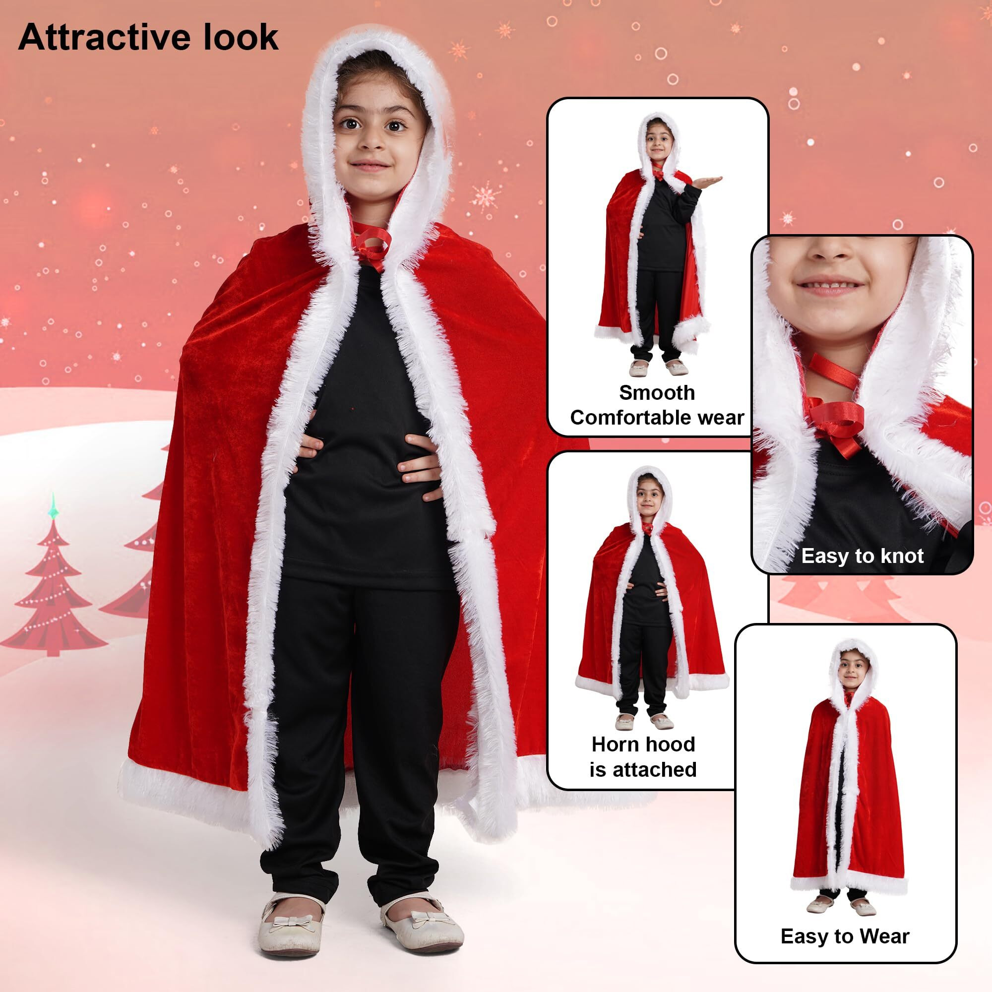 Kaku Fancy Dresses Santa Cape, Robe, Hood For Christmas Day In Velvet Fabric - Red & White 5-6 Years, For Boy & Girls