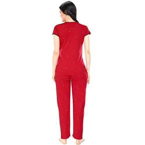 Zeyo Women's Cotton Dot Printed Red Maternity & Feeding Night Suit Set Of Pajama Set 5330, 2Xl