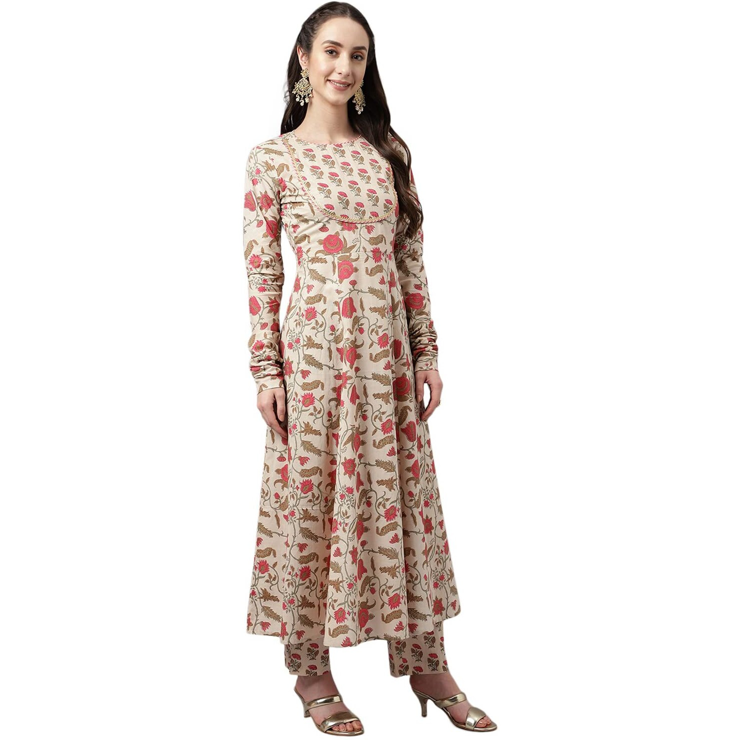 Fiorra Women's Beige Pure Cotton Flared Kurta With Pant And Dupatta Set0070-M