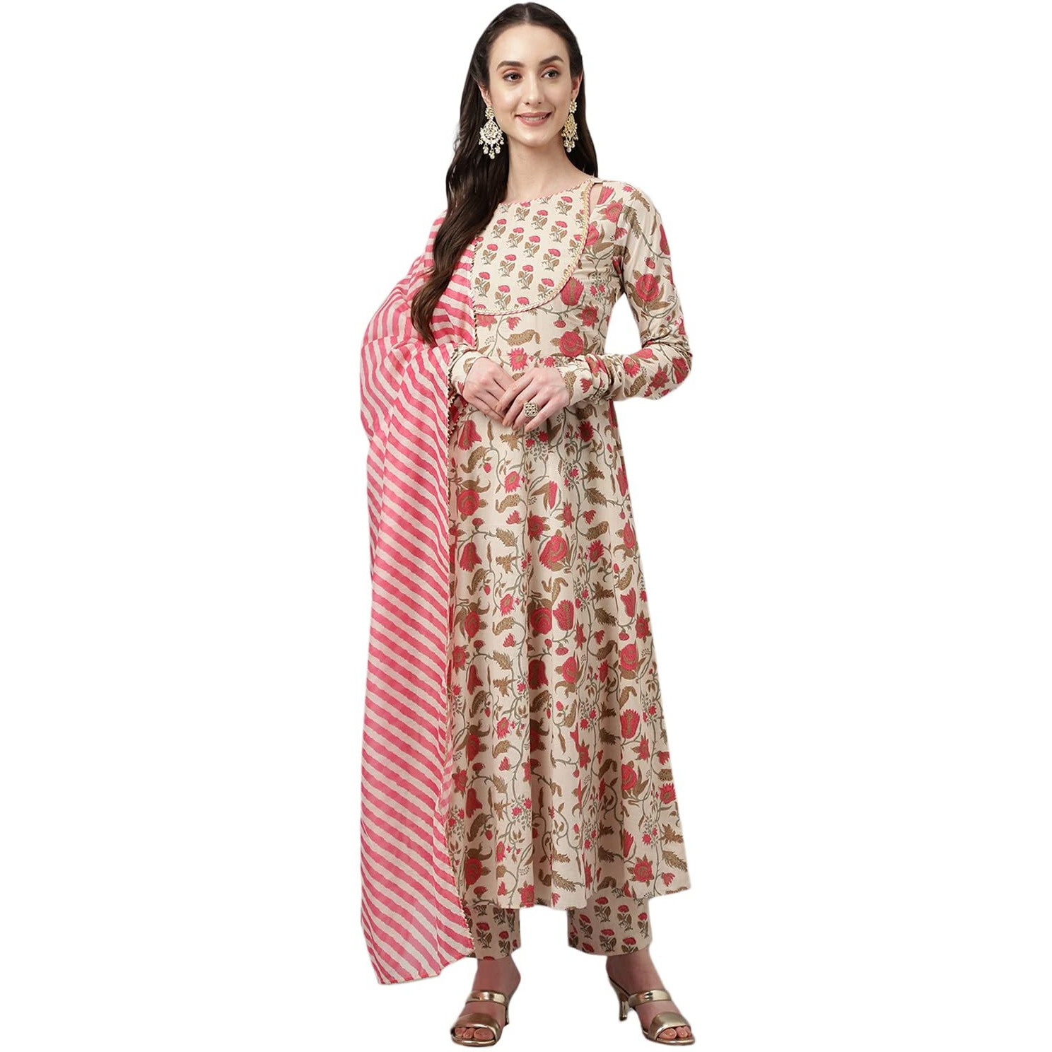 Fiorra Women's Beige Pure Cotton Flared Kurta With Pant And Dupatta Set0070-L